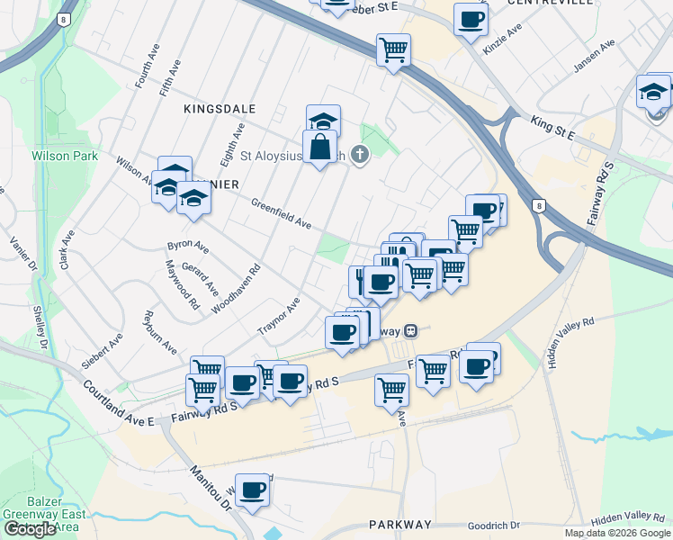 map of restaurants, bars, coffee shops, grocery stores, and more near 111 Traynor Avenue in Kitchener