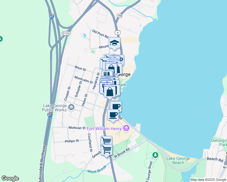 map of restaurants, bars, coffee shops, grocery stores, and more near 222 Canada Street in Lake George