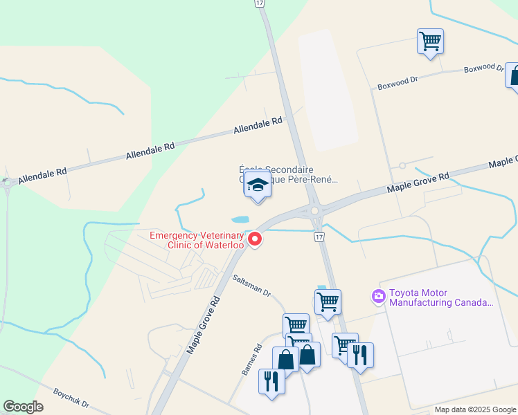 map of restaurants, bars, coffee shops, grocery stores, and more near 450 Maple Grove Road in Cambridge