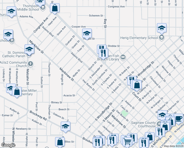 map of restaurants, bars, coffee shops, grocery stores, and more near 1912 Adams Boulevard in Saginaw