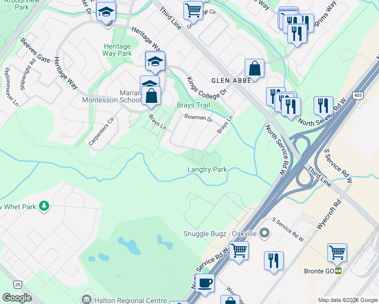 map of restaurants, bars, coffee shops, grocery stores, and more near 2200 Brays Lane in Oakville