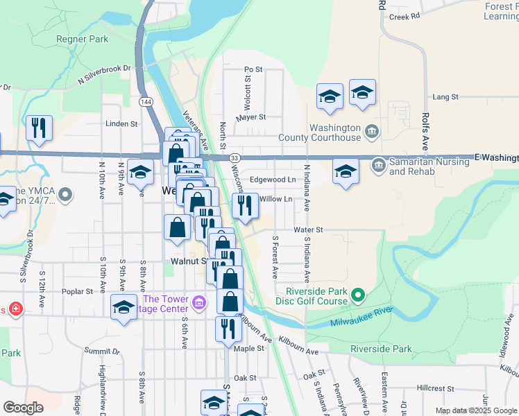 map of restaurants, bars, coffee shops, grocery stores, and more near 134 Willow Lane in West Bend