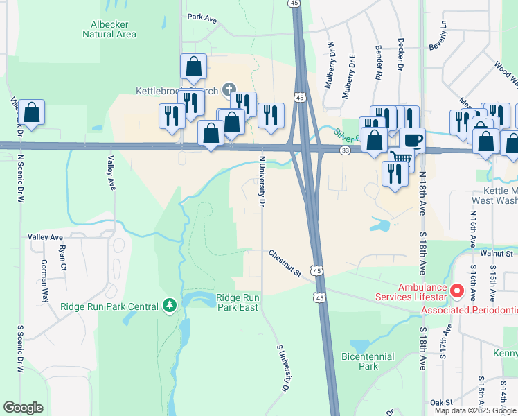 map of restaurants, bars, coffee shops, grocery stores, and more near 230 North University Drive in West Bend