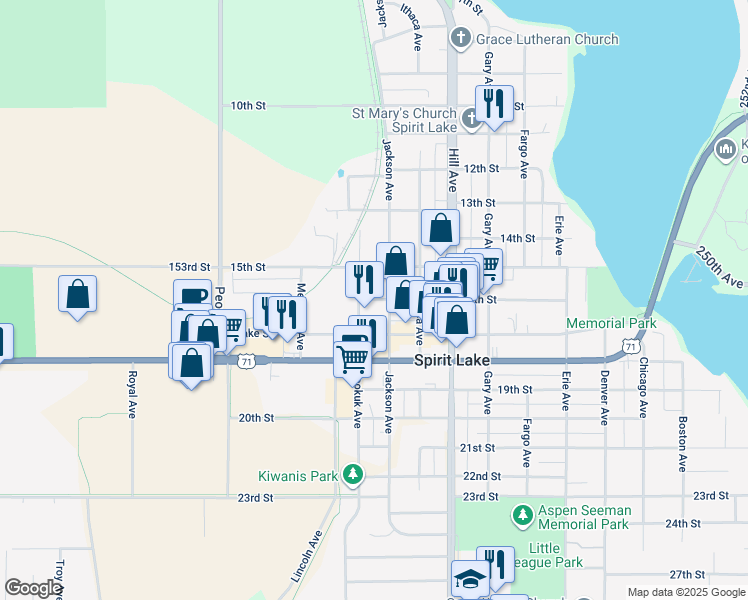 map of restaurants, bars, coffee shops, grocery stores, and more near 1501-1599 Keokuk Avenue in Spirit Lake