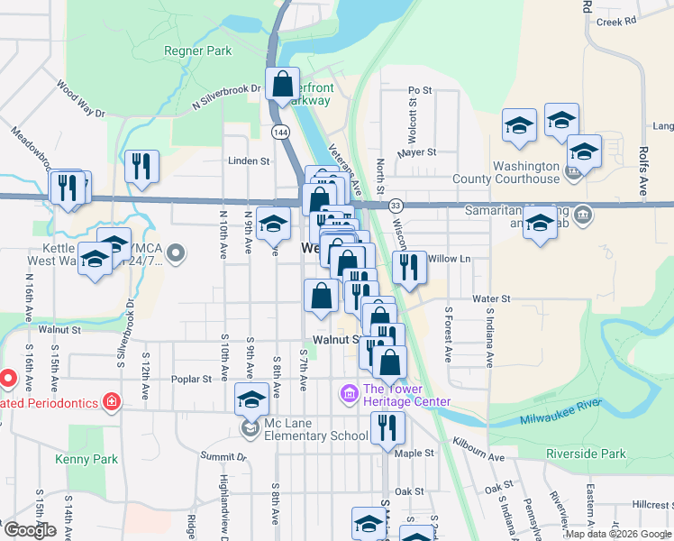 map of restaurants, bars, coffee shops, grocery stores, and more near in West Bend