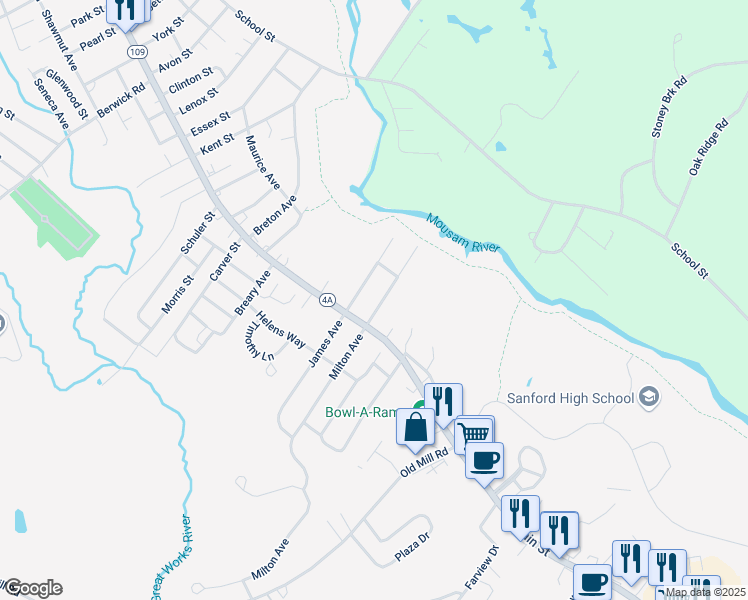 map of restaurants, bars, coffee shops, grocery stores, and more near 15 Boothby Avenue in Sanford