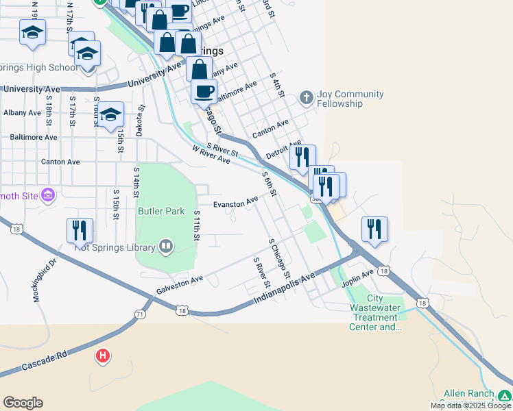 map of restaurants, bars, coffee shops, grocery stores, and more near 643 Evanston Ave in Hot Springs