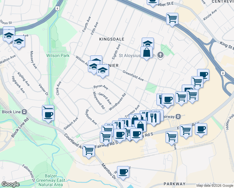 map of restaurants, bars, coffee shops, grocery stores, and more near 300 Wilson Avenue in Kitchener