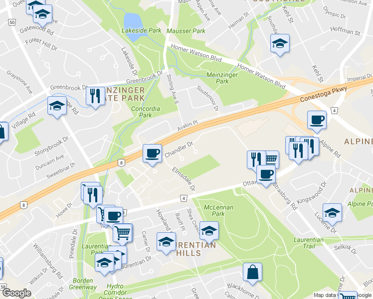 map of restaurants, bars, coffee shops, grocery stores, and more near 98 Chandler Drive in Kitchener