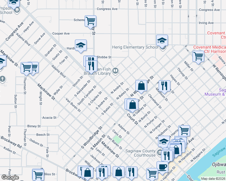 map of restaurants, bars, coffee shops, grocery stores, and more near 122 North Charles Street in Saginaw