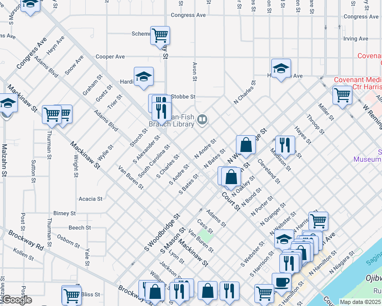 map of restaurants, bars, coffee shops, grocery stores, and more near 122 North Charles Street in Saginaw