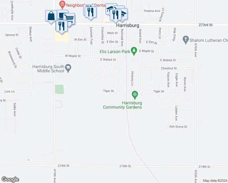 map of restaurants, bars, coffee shops, grocery stores, and more near 614 Prairie Street in Harrisburg