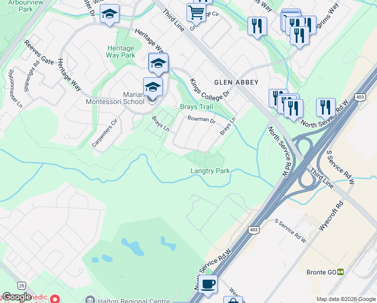 map of restaurants, bars, coffee shops, grocery stores, and more near 2208 Brays Lane in Oakville