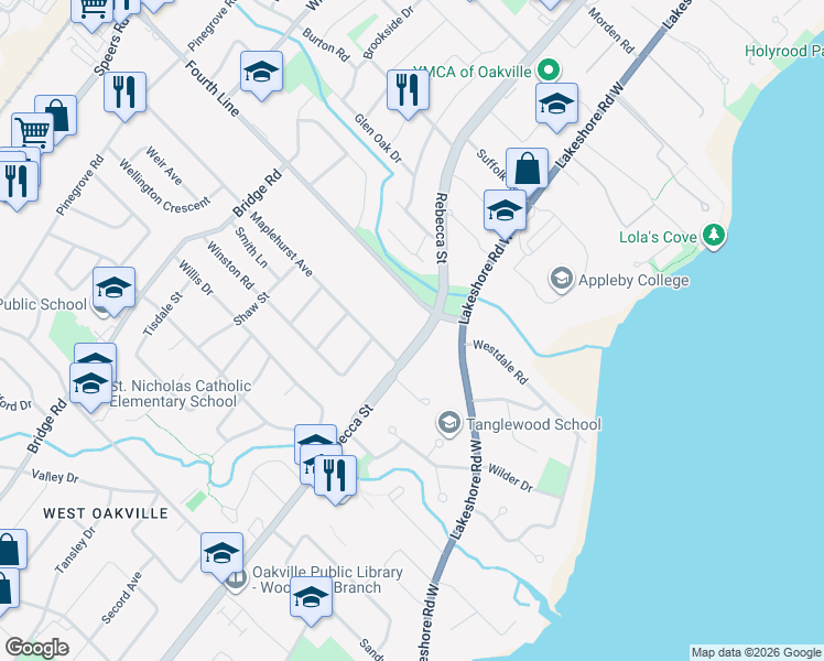 map of restaurants, bars, coffee shops, grocery stores, and more near 1019 Rebecca Street in Oakville