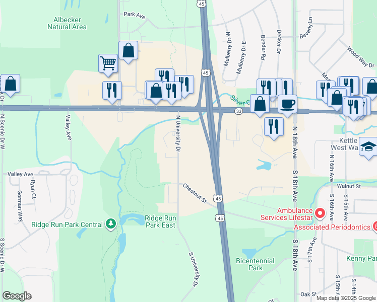 map of restaurants, bars, coffee shops, grocery stores, and more near 125 North University Drive in West Bend