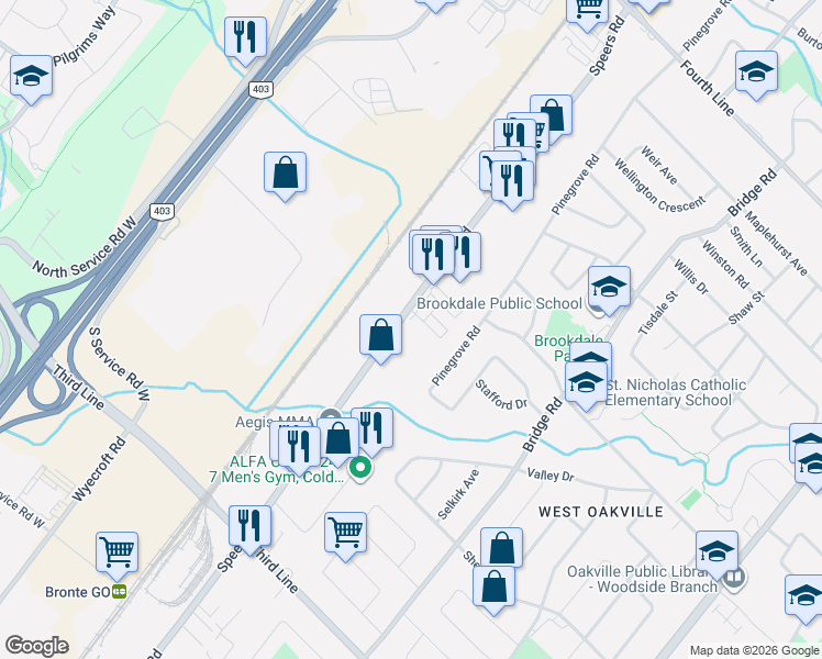 map of restaurants, bars, coffee shops, grocery stores, and more near 1312 Speers Road in Oakville