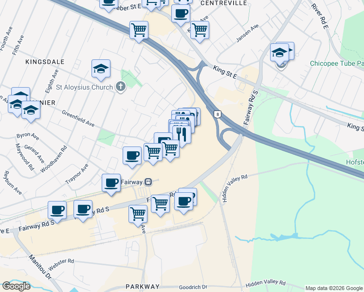 map of restaurants, bars, coffee shops, grocery stores, and more near 2960 Kingsway Drive in Kitchener