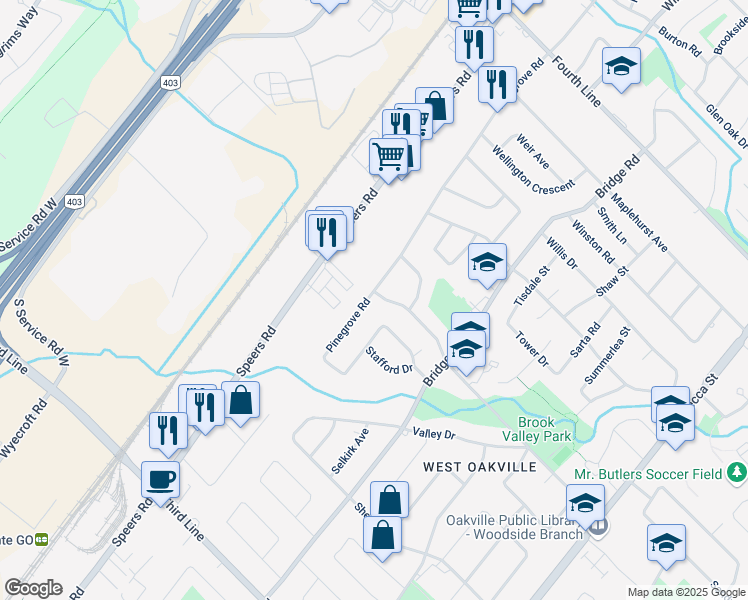 map of restaurants, bars, coffee shops, grocery stores, and more near 582 Warminster Drive in Oakville