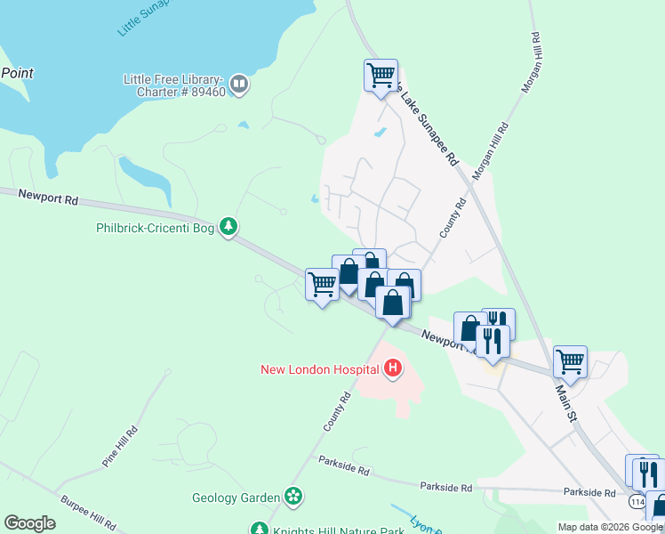 map of restaurants, bars, coffee shops, grocery stores, and more near 144 Hilltop Place in New London