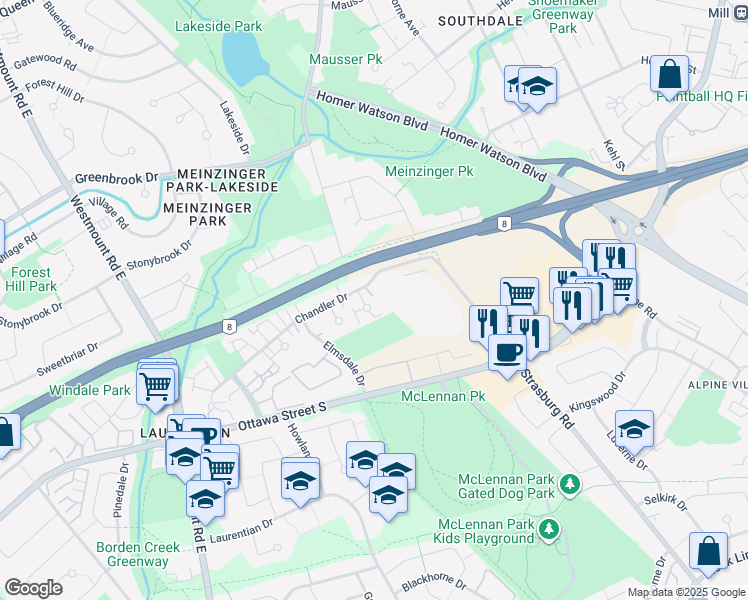 map of restaurants, bars, coffee shops, grocery stores, and more near in Kitchener