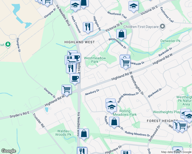 map of restaurants, bars, coffee shops, grocery stores, and more near 1434 Highland Road West in Kitchener