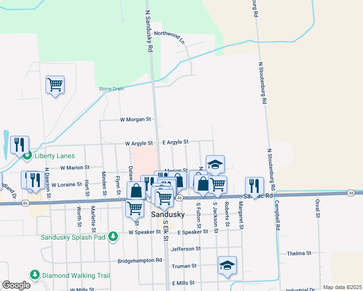map of restaurants, bars, coffee shops, grocery stores, and more near 191 North Moore Street in Sandusky
