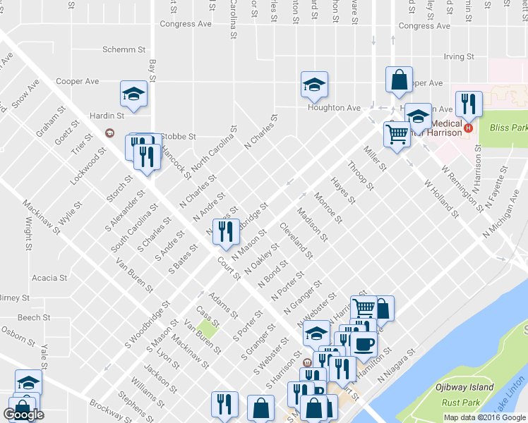 map of restaurants, bars, coffee shops, grocery stores, and more near 1321 Cleveland Street in Saginaw