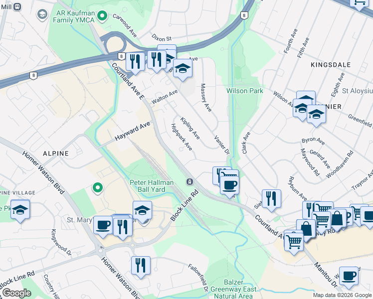 map of restaurants, bars, coffee shops, grocery stores, and more near 71 Highpark Avenue in Kitchener