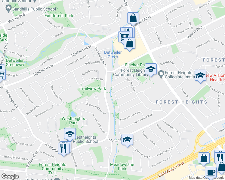 map of restaurants, bars, coffee shops, grocery stores, and more near 109 Hillbrook Crescent in Kitchener