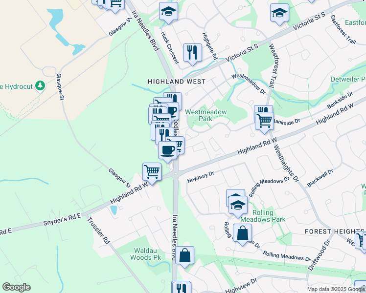 map of restaurants, bars, coffee shops, grocery stores, and more near 240 Westmeadow Drive in Kitchener