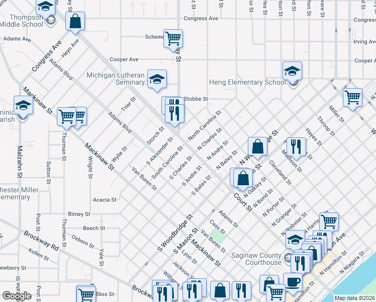 map of restaurants, bars, coffee shops, grocery stores, and more near in Saginaw