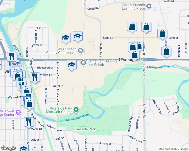 map of restaurants, bars, coffee shops, grocery stores, and more near Rolfs Avenue in West Bend