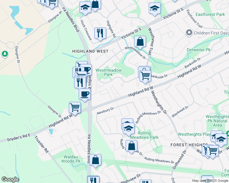 map of restaurants, bars, coffee shops, grocery stores, and more near 1434 Highland Road West in Kitchener