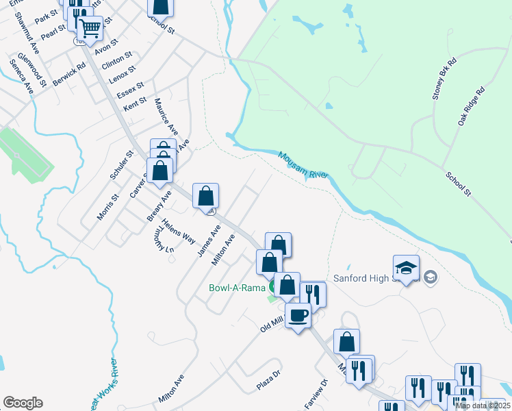 map of restaurants, bars, coffee shops, grocery stores, and more near 15 Boothby Avenue in Sanford