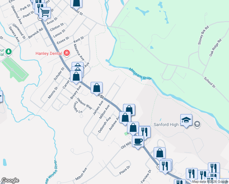 map of restaurants, bars, coffee shops, grocery stores, and more near 15 Boothby Avenue in Sanford