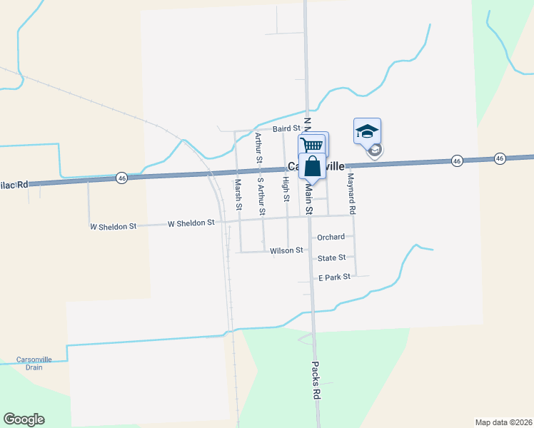 map of restaurants, bars, coffee shops, grocery stores, and more near 3912 West Sheldon Road in Carsonville