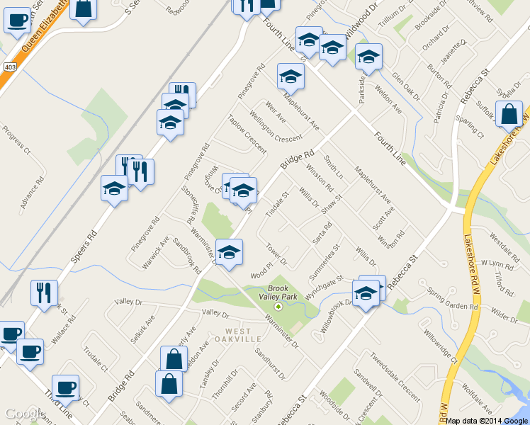 map of restaurants, bars, coffee shops, grocery stores, and more near 1171 Tisdale Street in Oakville