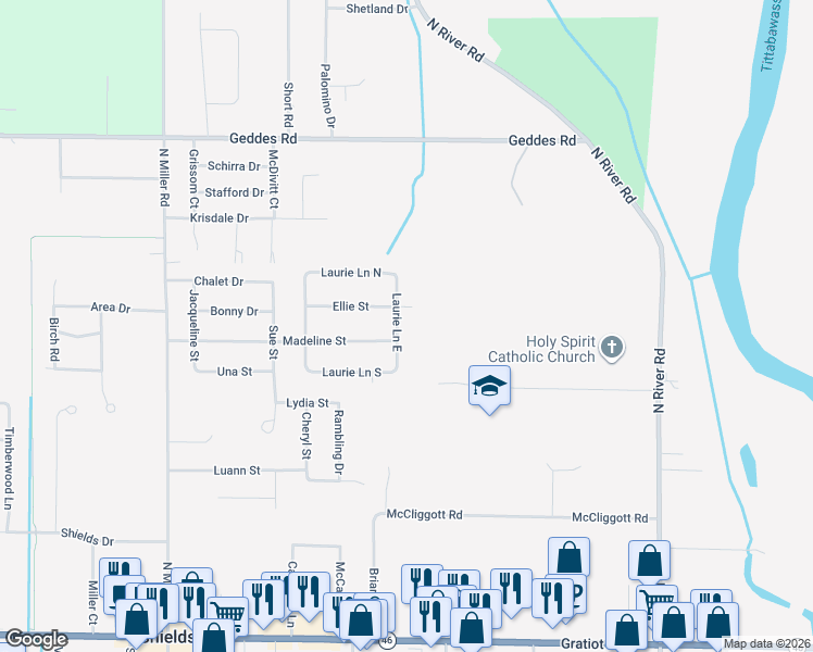 map of restaurants, bars, coffee shops, grocery stores, and more near 1120 Laurie Lane West in Saginaw