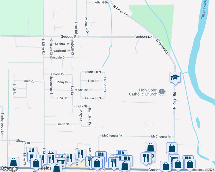 map of restaurants, bars, coffee shops, grocery stores, and more near 1120 Laurie Lane West in Saginaw
