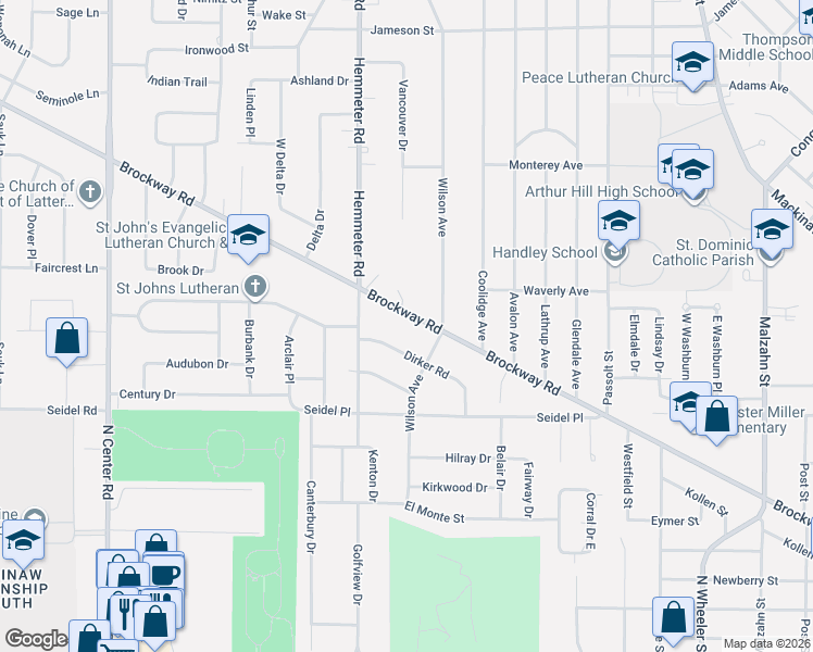 map of restaurants, bars, coffee shops, grocery stores, and more near 4395 Brockway Road in Saginaw