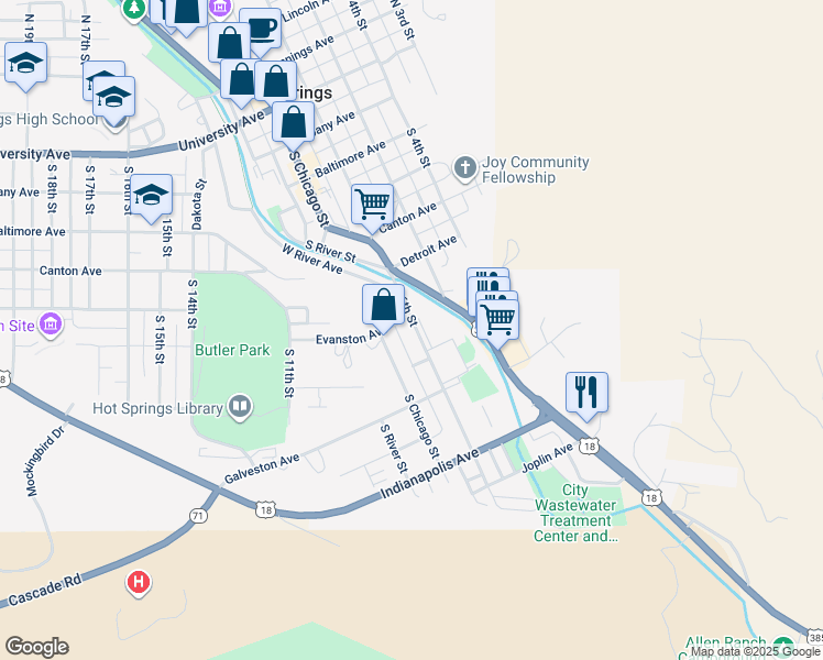 map of restaurants, bars, coffee shops, grocery stores, and more near 601-643 Evanston Avenue in Hot Springs