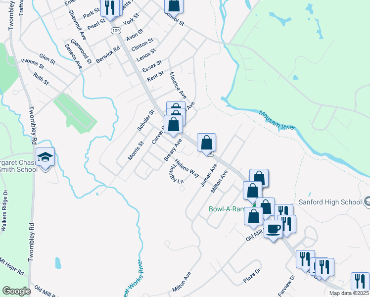 map of restaurants, bars, coffee shops, grocery stores, and more near 16 Breary Avenue in Sanford