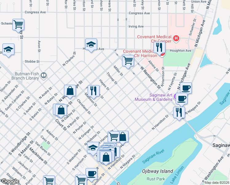 map of restaurants, bars, coffee shops, grocery stores, and more near 1012 Hayes Street in Saginaw