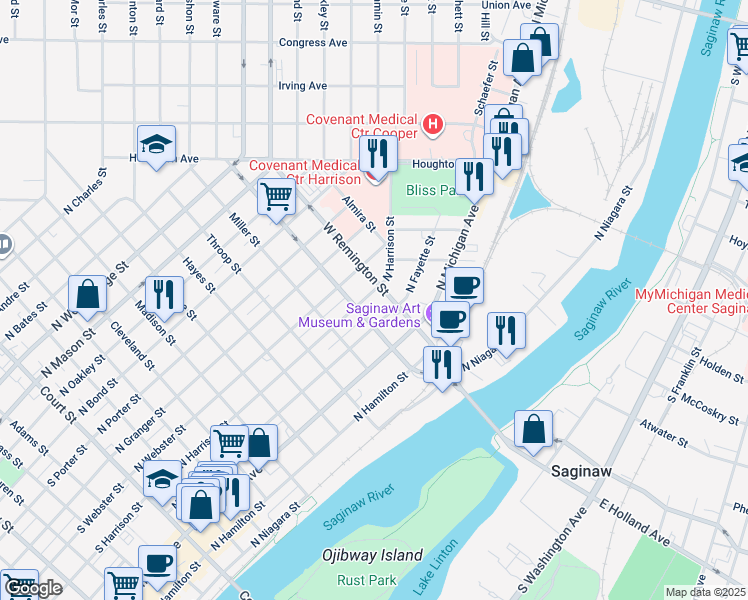 map of restaurants, bars, coffee shops, grocery stores, and more near 1016 North Harrison Street in Saginaw