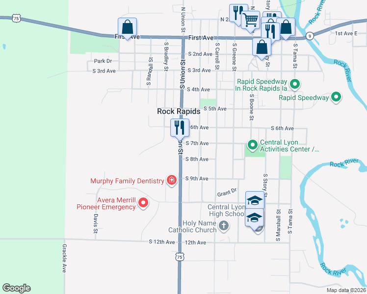 map of restaurants, bars, coffee shops, grocery stores, and more near 702 South Union Street in Rock Rapids