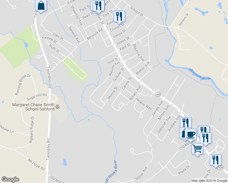 map of restaurants, bars, coffee shops, grocery stores, and more near 23 Morris Street in Sanford