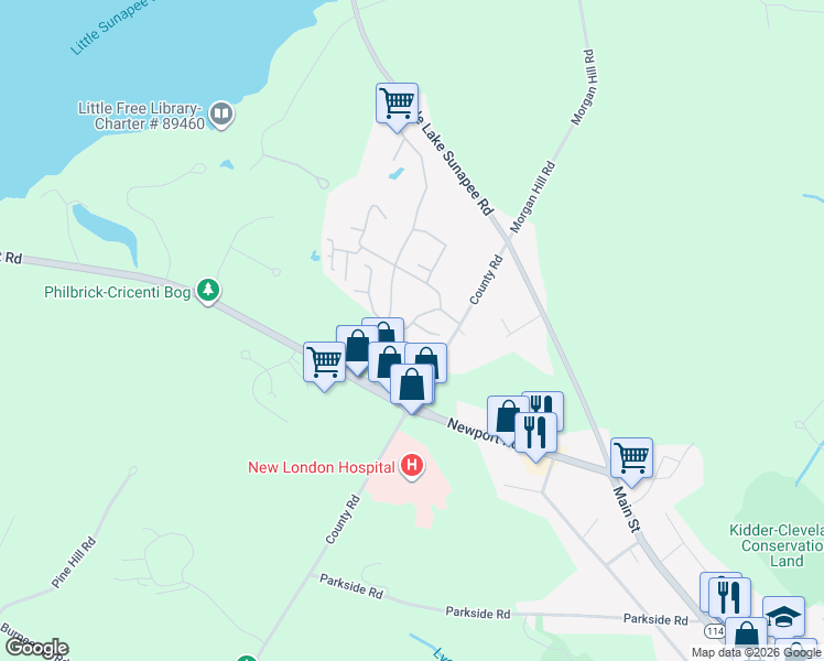 map of restaurants, bars, coffee shops, grocery stores, and more near 12 Hilltop Place in New London
