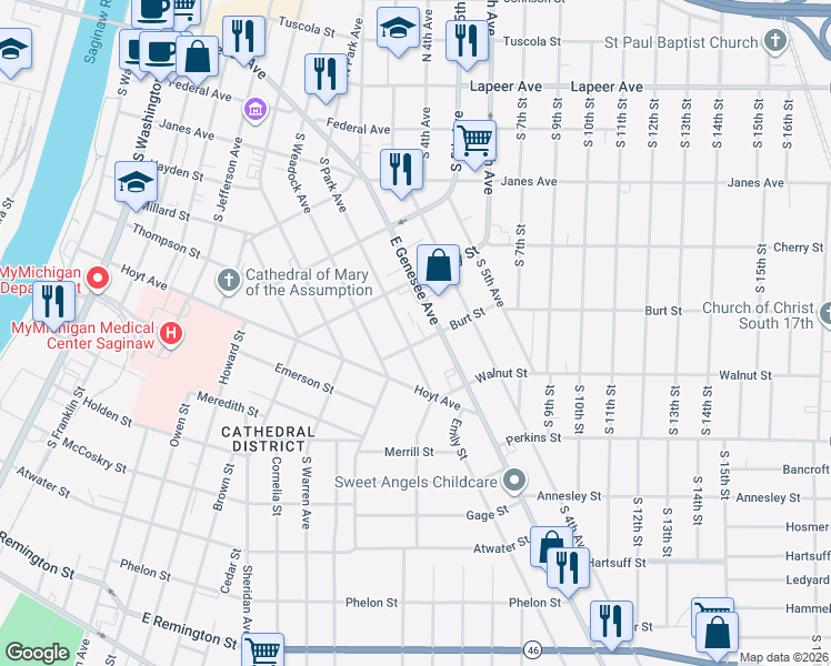 map of restaurants, bars, coffee shops, grocery stores, and more near 644 South Park Avenue in Saginaw