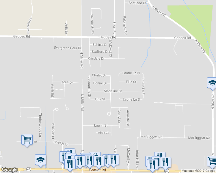 map of restaurants, bars, coffee shops, grocery stores, and more near 1135 Sue Street in Saginaw