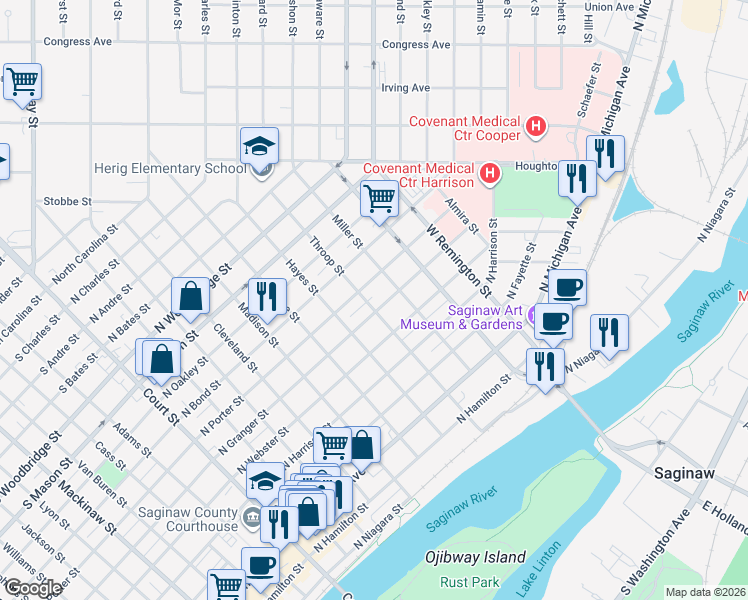 map of restaurants, bars, coffee shops, grocery stores, and more near 918 Throop Street in Saginaw